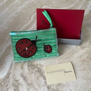 NWT Rolfs Green Beaded Pouch with Red Ladybug Design